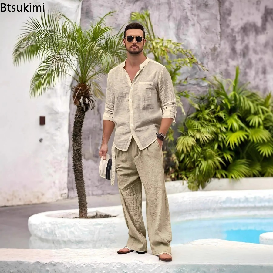 Linen Shirt Summer - Novo Conjunto Masculino Casual de Algodão